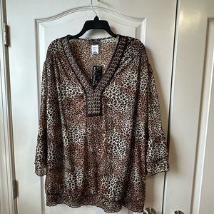 Evolution JMS-Brown Black‎ Tan Cheetah Semi-Sheer Long Sleeve Top